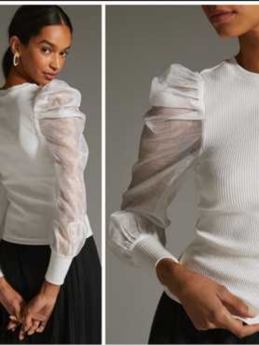 Anthropologie White Ribbed Top with Sheer Puff Sleeves